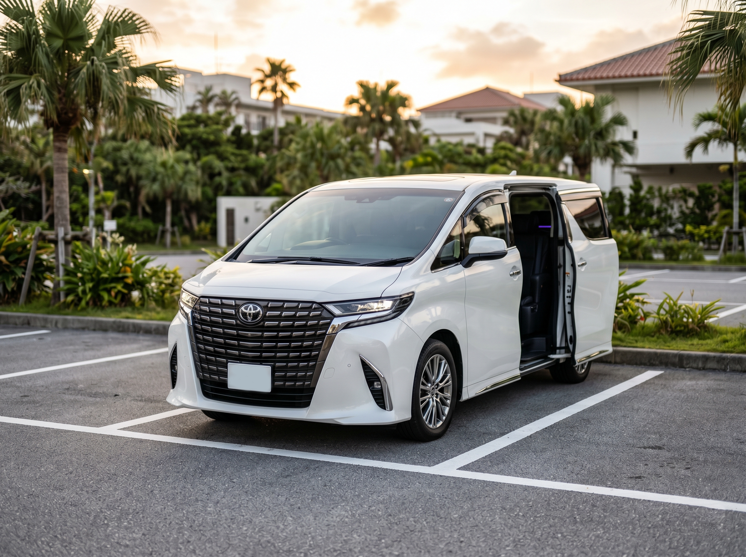 広い駐車場にゆとりを持って駐車したアルファード40系
